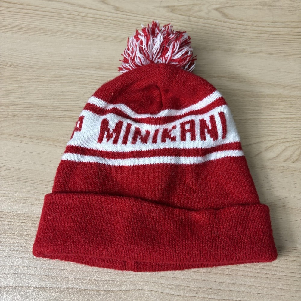Vintage Camp Minikani Hat Beanie Knit Pom Pom Red White YMCA Winter Made in USA